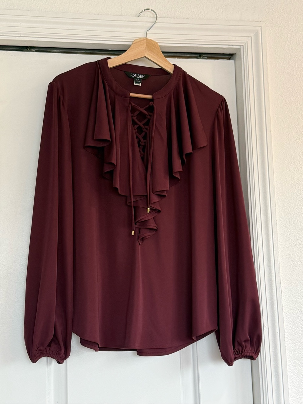 Lauren Ralph Lauren Wine Ruffle Lace-Up Blouse New Not Tags